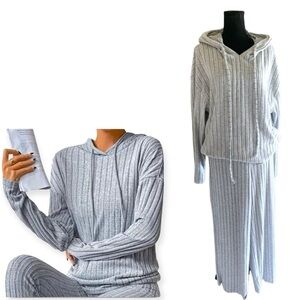Vintage Wide Leg 2pc Ribbed Casual Lounging Tracksuit Grey XL